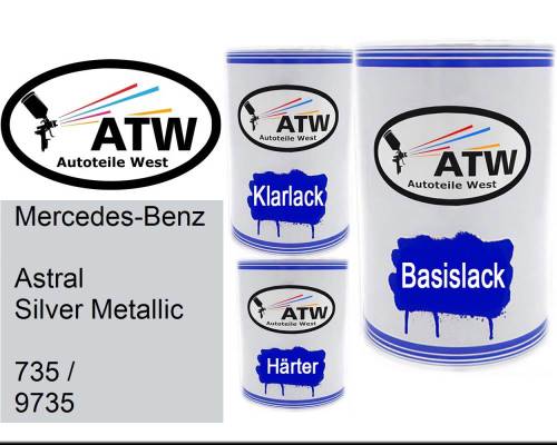 Mercedes-Benz, Astral Silver Metallic, 735 / 9735: 500ml Lackdose + 500ml Klarlack + 250ml Härter - Set, von ATW Autoteile West.